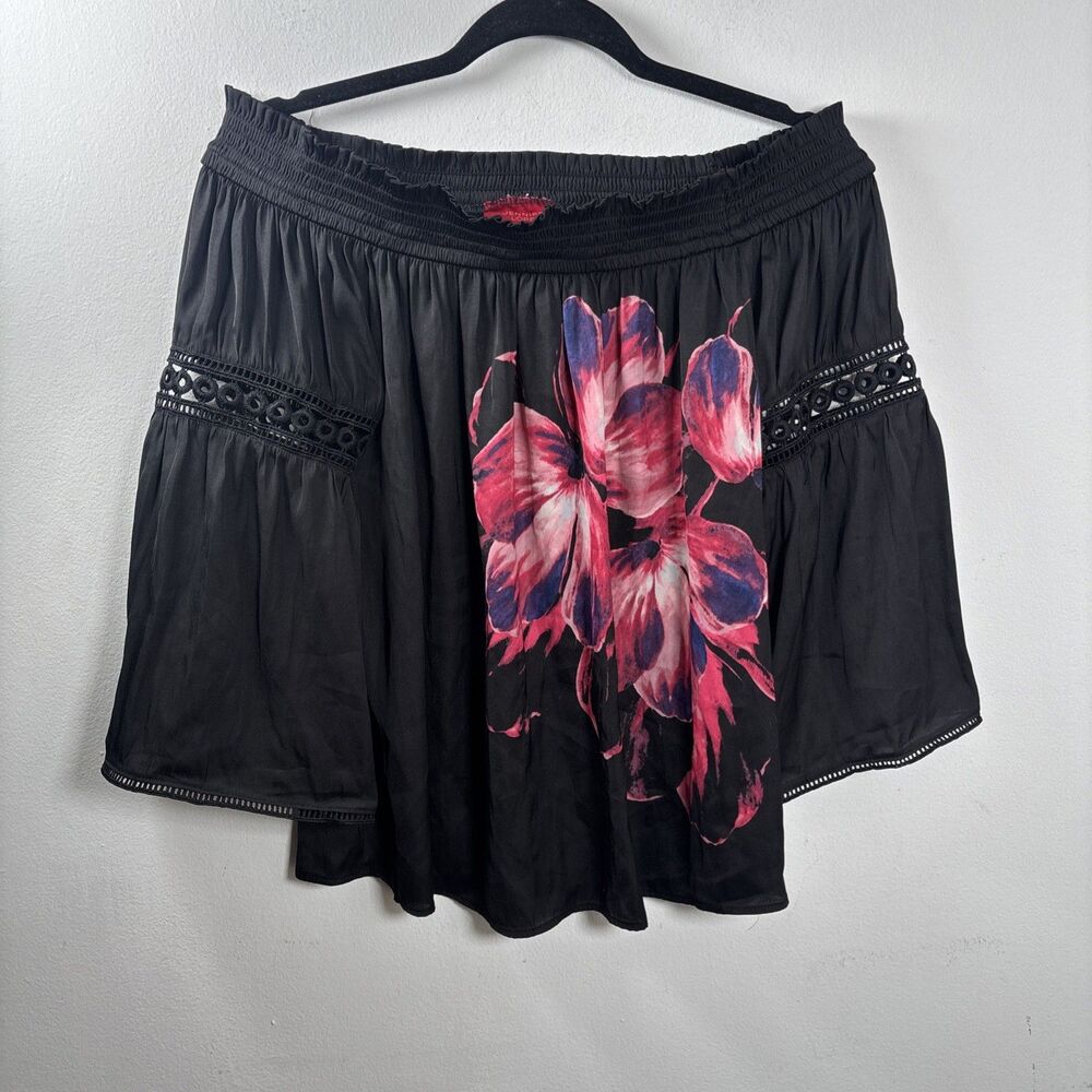 Vintage Y2K Jennifer Lopez Black Floral Off Shoulder Bell Sleeve Boho Top size M